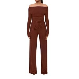 Naked Wardrobe Wide-Leg Pants & Off-Shoulder Asymmetric Top in Chocolate XS